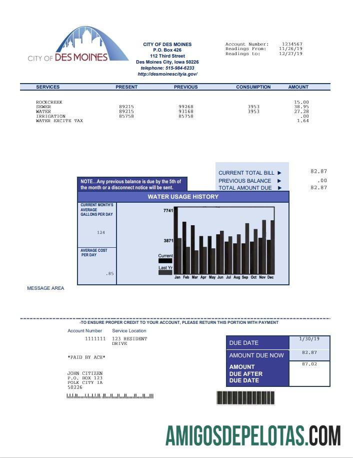 Em branco modelo de conta de serviços públicos de água, EUA, Iowa, cidade de Des Moines, em formato Word e PDF
